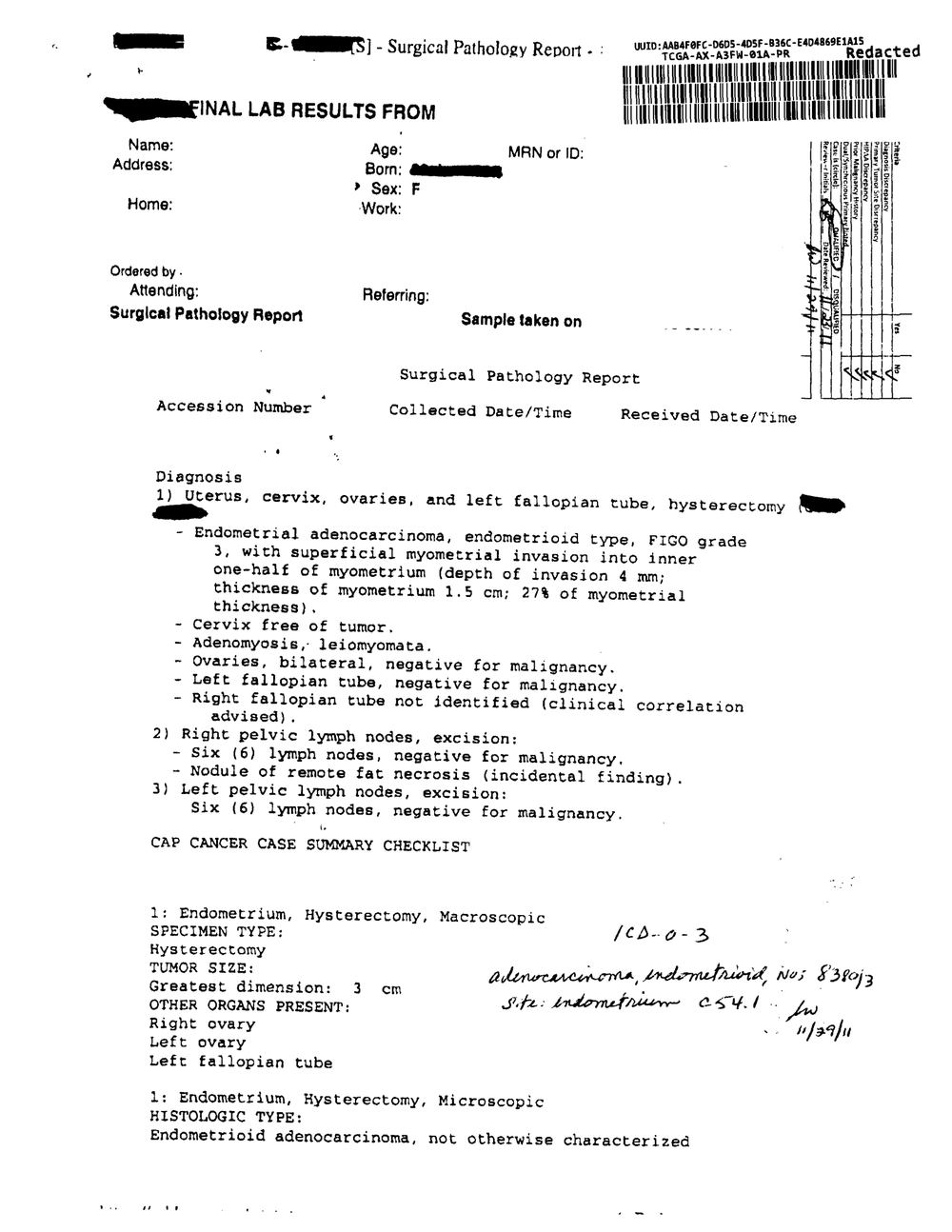 Scanned report page 1 of case TCGA-AX-A3FW